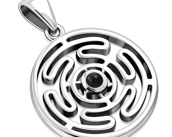 Hecates Wheel -Black Obsidian Pendant Sterling Silver 925 - 20 mm- Lovely Gift- Yourself- Friends- Family-Loved One
