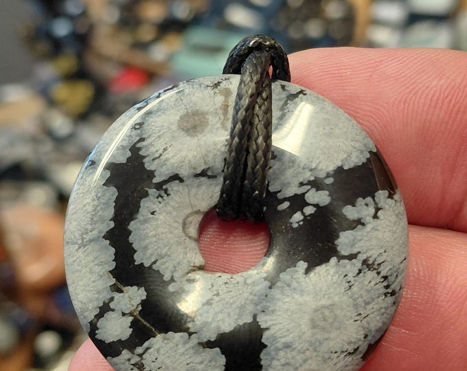 Snowflake Obsidian -Donut -40 mm-  Black Cord- NEW- Gift Box