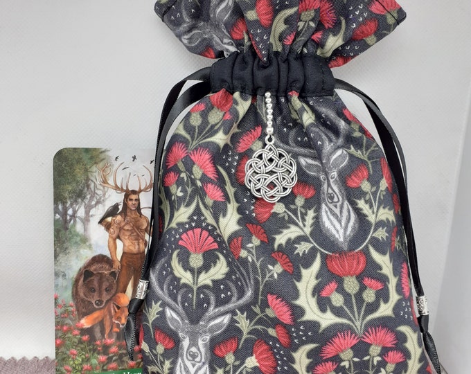 Deluxe Tarot cards pouch Bag, lined pouch, handmade -Stag- Charm-Tibetan Silver Beads- New Design
