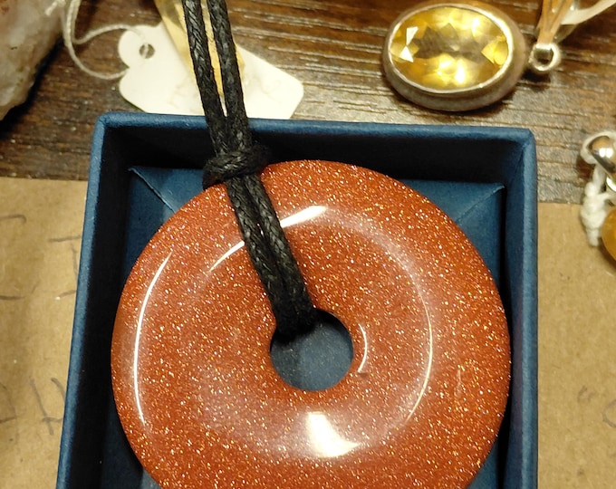 Goldstone- Donut -40 mm- Black Cotton Wax Cord Pendant