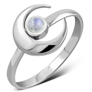 Rainbow Moonstone Sterling Silver Ring: Hunters Moon Goddess Design