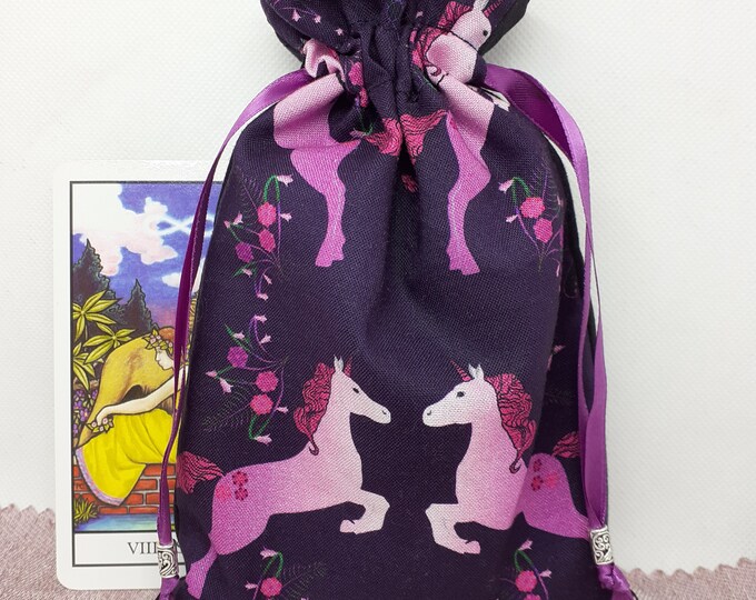 Tarot cards pouch Bag- lined -handmade - Purple- Unicorns-Ribbon-Tibetan Silver Bead- NEW DESIGN