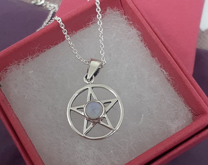 Rainbow Moonstone -Pendant Sterling Silver 925 Small Pendant Pentagram "Goddess Collection"  14 mm- Gift Box