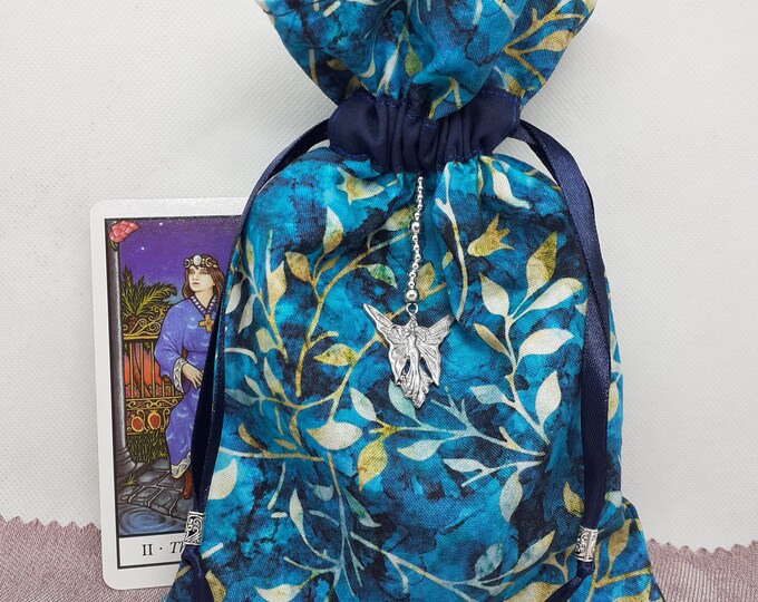 Deluxe Tarot cards pouch Bag, lined pouch, handmade -Leaves-Fairy Charm-Tibetan Silver Beads- New Design