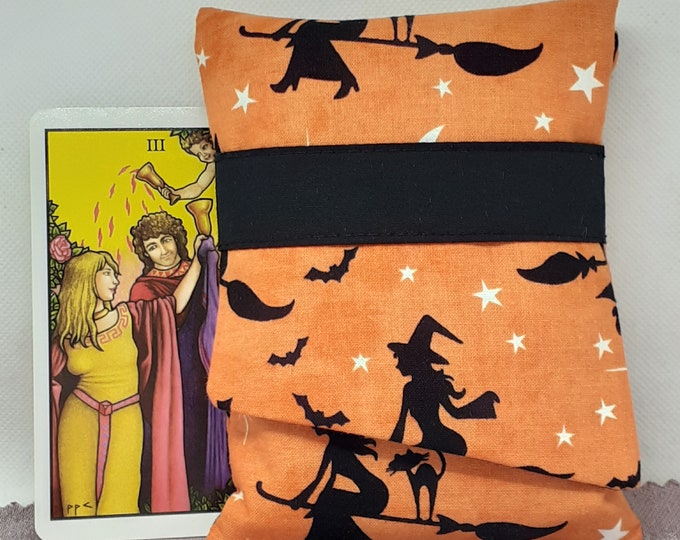 Deluxe Pocket Style Tarot Cards cards pouch Bag, lined pouch, handmade- New Design- Witch-Broomstick