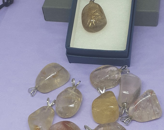 Rutilated Quartz- V Bail -Pendant- Black Cord-concentration and memory, clears the aura, and balances the chakras- Gift Box