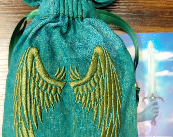 Handmade Tarot Card Pouch: Embroidered Angel Wings, Tibetan Silver Beads