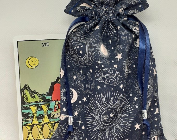 Tarot cards pouch Bag- lined -handmade - Blue- Sun- Moon -Stars-Ribbon-Silver Bead- NEW DESIGN