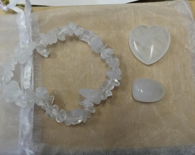 Clear Quartz- Chip Bracelet-Small Heart-Small Tumble Stone-Organza Bag-Gift-Yourself-Friends-Family-Loved One