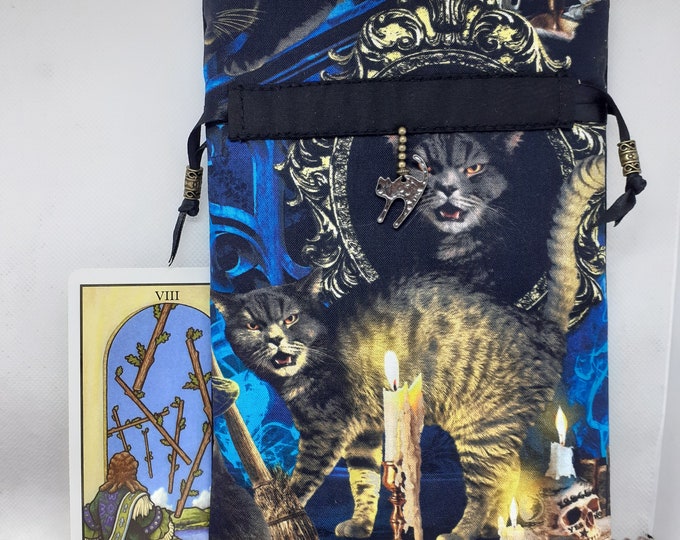 Deluxe Tarot - Oracle- cards pouch Bag, lined pouch, handmade -Cat- Charm- Beads- New Design
