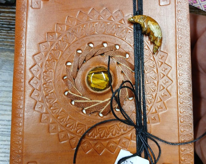 Leather-Tigers Eye-Notebook-Journal- 7" x 5"-Wrapped with Crystal Jasper Moon Gemstone-New- Gift-Yourself-Friends-Family-Loved One