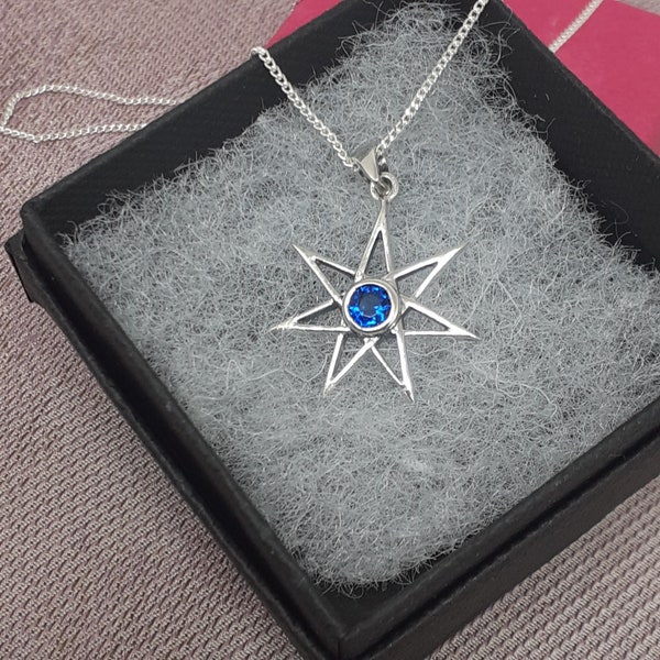 Blue Sapphire CZ Fairie 7 Pointed Star Pendant- Sterling Silver 925  "Goddess Collection"- Lovely Gift- Yourself- Friends- Family-Loved One