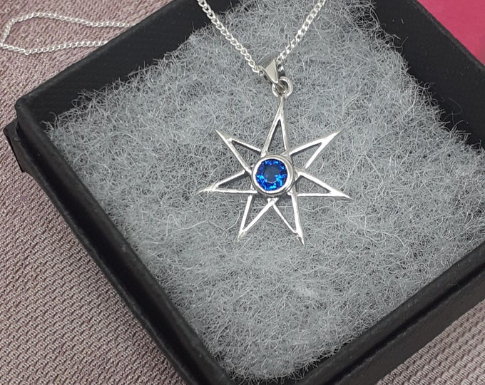 Blue Sapphire CZ Fairie 7 Pointed Star Pendant- Sterling Silver 925  "Goddess Collection"- Lovely Gift- Yourself- Friends- Family-Loved One