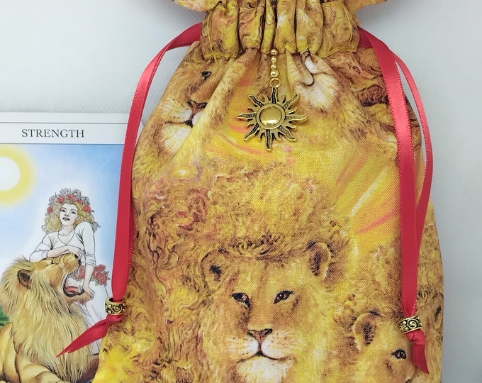 Deluxe Tarot cards pouch Bag, lined pouch, handmade-Lion- Charm-Tibetan Silver Beads- New Design