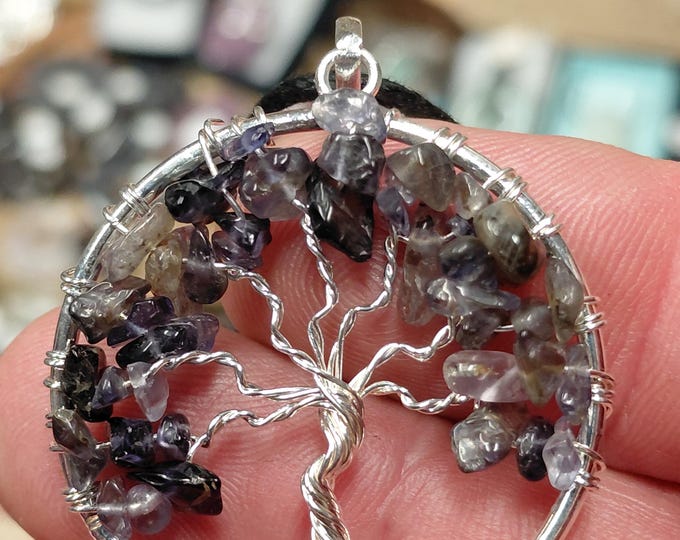Iolite-Pendant- Silver Plated-Black Cord Aura cleansing -Protection-concentration-Gift for Yourself- Friend-Loved One-Gift Box