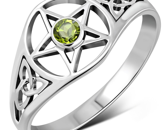 Ring Sterling Silver 925 - Celtic Trinity Knot- Faceted Peridot - Pentacle - New "Goddess Collection"- Multiple Sizes -NEW