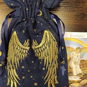 Deluxe Tarot Karten Beutel Tasche, gefütterter Beutel, handgefertigte Stickerei- Engel-Flügel-Tibetanische Silberperlen-Neues Design