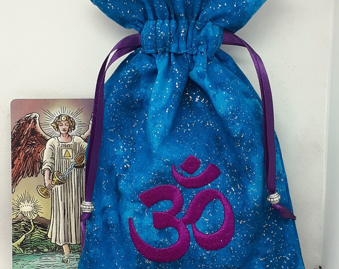 Deluxe Tarot cards pouch Bag, lined pouch, handmade -Embroidery- "OM"-Tibetan Silver Beads- New Design