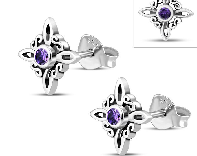 Amethyst CZ Witches Knot Stud Sterling 925 Silver Stud Earrings  "Goddess Collection" Lovely Gift Yourself Friends Family-Loved One