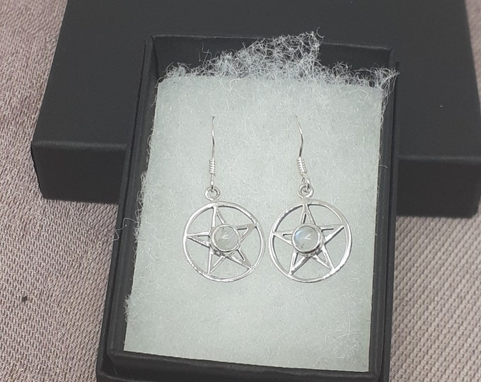 Rainbow Moonstone -Dangle-Drop -Pentacle Earrings Sterling Silver 925 - New "Goddess Collection"- Lovely Gift- NEW