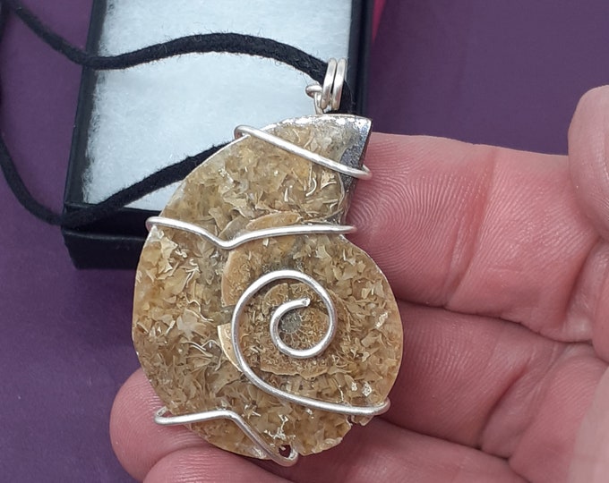 Natural Ammonite Fossil -Handmade-Pendant- Silver Plated Wire-Black Cord -Gift-Yourself- Friends-Family-Loved One-Gift Box