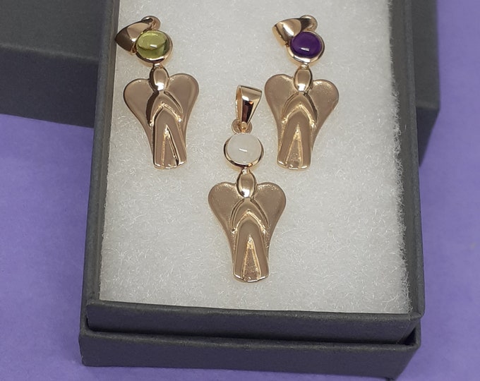 Angel Gemstone Pendant Sterling Silver 925 + 14 k Gold Plated- The "Goddess Collection" - Limited Edition