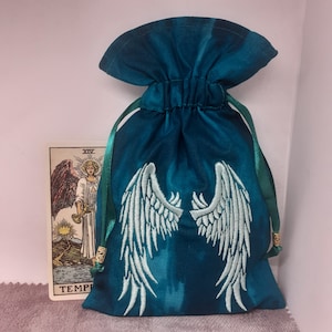 Deluxe Tarot Karten Beutel Tasche, gefütterter Beutel, handgefertigte Stickerei- Engelsflügel -tibetische Silberperlen- Neues Design