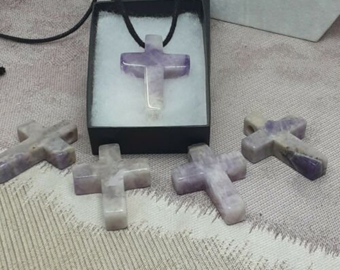 Amethyst-Cross 41 mm long x 31 mm wide x 8 mm thick  -Pendant-  Black Cord- Gift Box- Gift Yourself- Friend- Family -Loved One