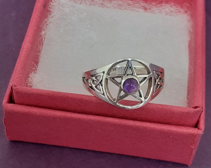 Amethyst -Ring Sterling Silver 925 - Celtic Trinity Knot- Pentacle - New "Goddess Collection"- Multiple Sizes -NEW