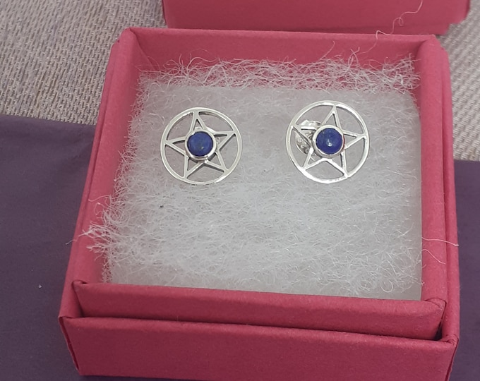 Lapis Lazuli Earrings Sterling Silver 925 Stud Earrings The "Goddess Collection" Pentagram 10 mm-Gift Box