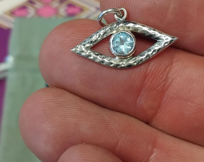 Pendant- Sterling Silver 925 Pendant- Evil Eye -"Goddess Collection" Blue Topaz Faceted- 25 mm- Transformation