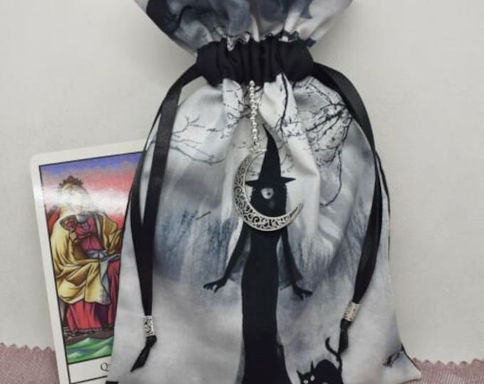 Deluxe Tarot cards pouch Bag, lined pouch, handmade -Witch- Crow -Moon Charm-Tibetan Silver Beads- New Design