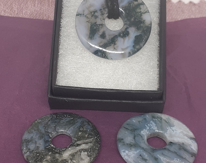Moss Agate-Donut-  30 mm -Black Cord-Creativity-stone of prosperity- NEW- Gift Box