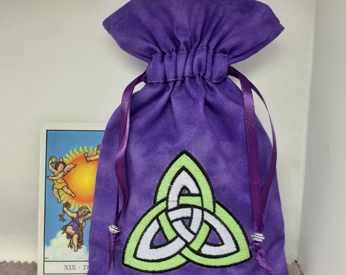 Deluxe Tarot cards pouch Bag, lined pouch, handmade -Embroidery- Triquetra -Tibetan Silver Beads- New Design