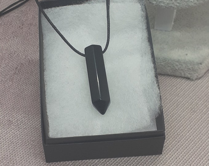Black Onyx Polished Point 8 x32 mm  Pendant- Black Cord- Perfect gift for yourself- a friend or a Loved one- Gift Box
