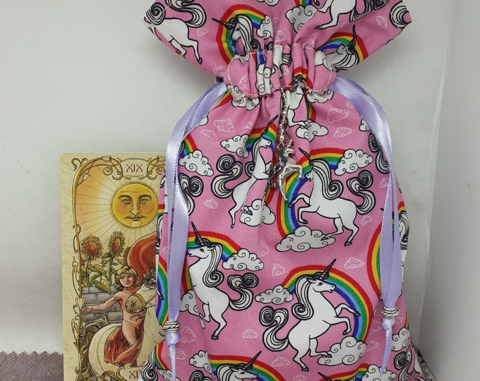 Deluxe Tarot cards pouch Bag, lined pouch, handmade - Unicorn-Charm- Beads- New Design