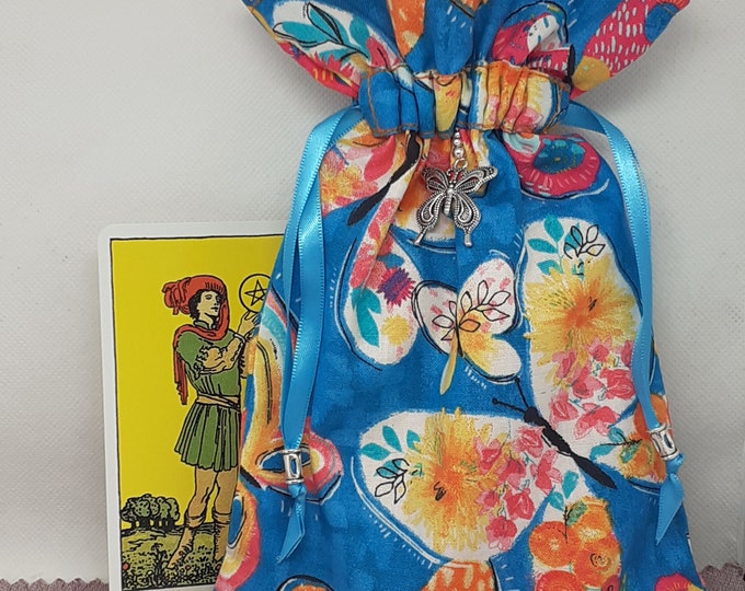 Deluxe Tarot cards pouch Bag, lined pouch, handmade -Butterfly- Charm-Tibetan Silver Beads- New Design