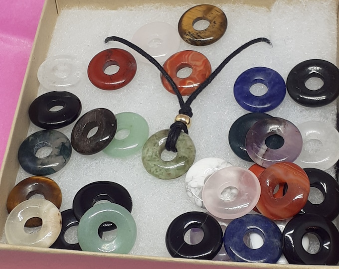 Donut Small Various Gemstones -Pendant- Black Cord - Gift-Yourself- Friends-Family-Loved One-Gift Box