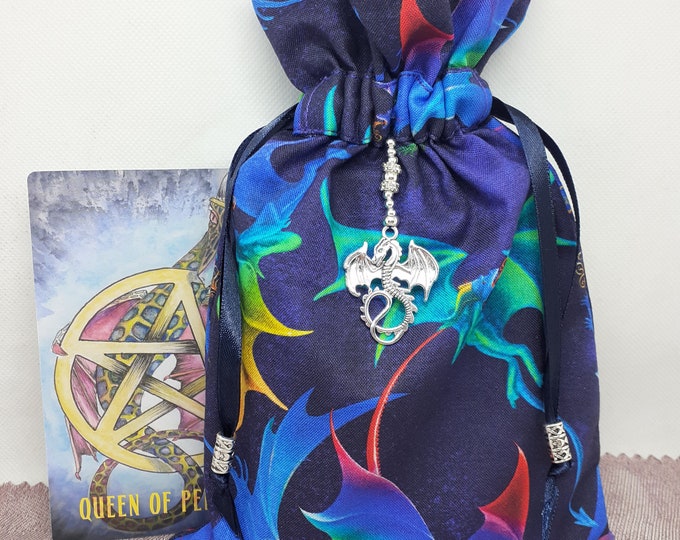 Deluxe Tarot cards pouch Bag, lined pouch, handmade Dragon-Charm- Beads- New Design