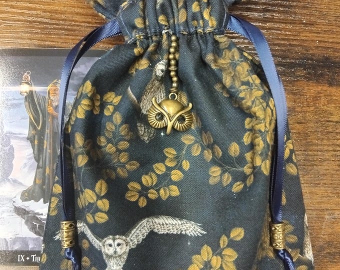 Deluxe Tarot cards pouch Bag, lined pouch, handmade - Owl- Charm-Tibetan Silver Beads- New Design