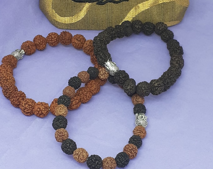 Rudraksha -Bracelet- set of 3- pouch Bag, Buddha-lined pouch, Embroidery-Buddha- handmade- New Design
