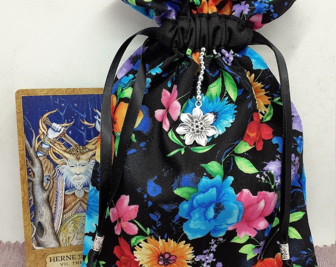 Deluxe Tarot cards pouch Bag, lined pouch, handmade -FLOWERS- Beads- New Design