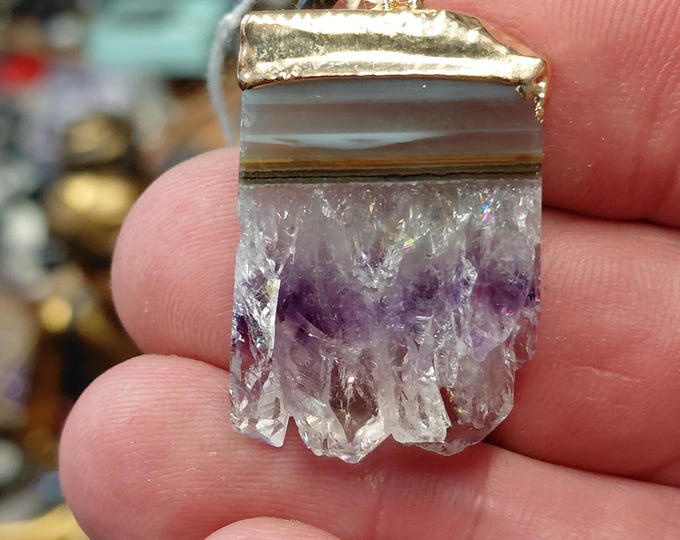 Amethyst Slice-Gold Plated- Pendant: Black Cord Amulet
