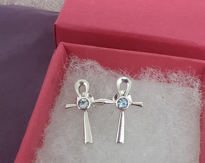 Blue Topaz Faceted Ankh Stud Sterling 925 Silver Stud Earrings  "Goddess Collection" Lovely Gift Yourself Friends Family-Loved One