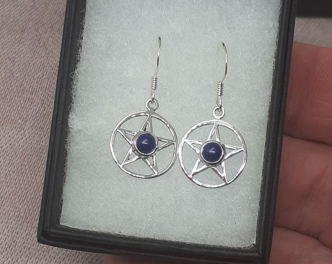 Lapis Lazuli -Dangle-Drop -Pentacle Earrings Sterling Silver 925 - New "Goddess Collection"- Lovely Gift- NEW