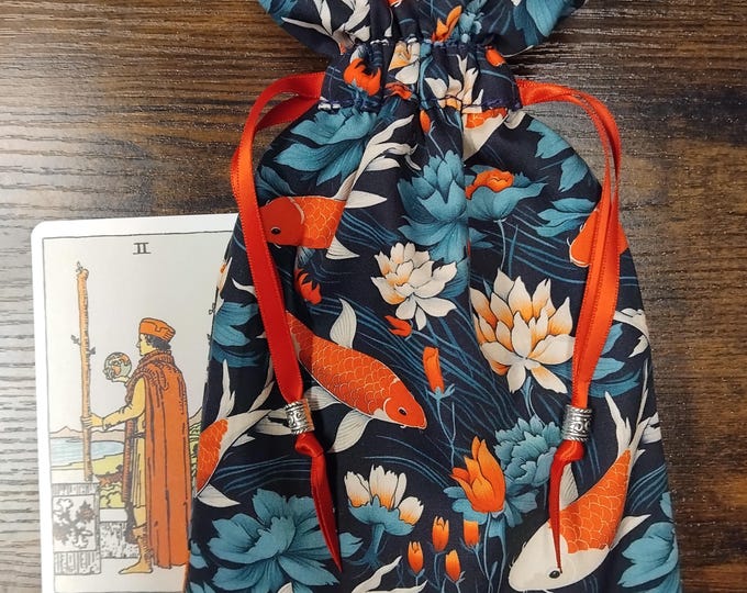 Handmade Koi Carp Tarot Card Pouch: Charm & Tibetan Beads