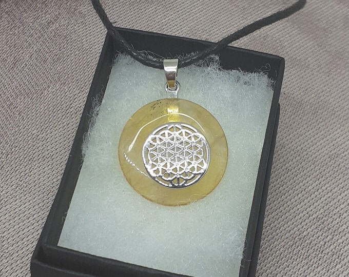 Yellow Fluorite Donut -25 mm-Silver Plated Flower of Life Holder- Black Cord-Gift for Yourself- Friend-Loved One-Gift Box