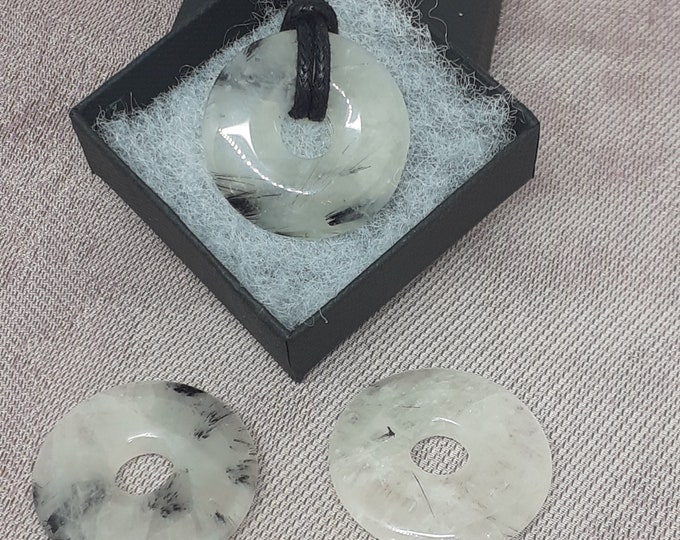 Tourmaline Quartz, 30 mm Donut Black Cord -Gift for Yourself- Friend-Loved One-Gift Box