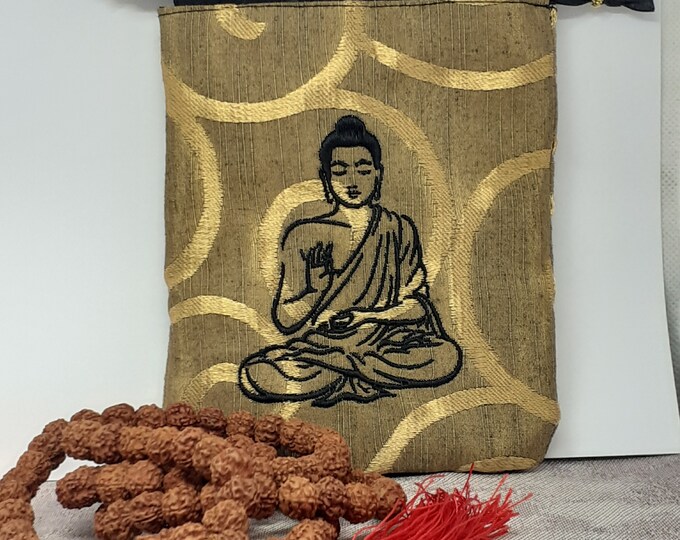 Mala- Rudraksha -Prayer Beads pouch Bag, Buddha-lined pouch, Embroidery-Buddha- handmade- New Design