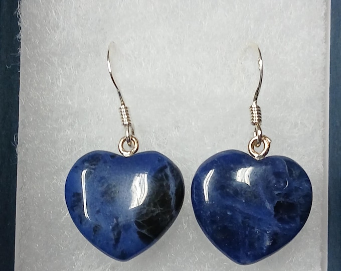 Sodalite-Sterling Silver -Heart -Earrings -Drop-Dangle-Earrings -Handmade-Silver 925 Hooks-Gift Box